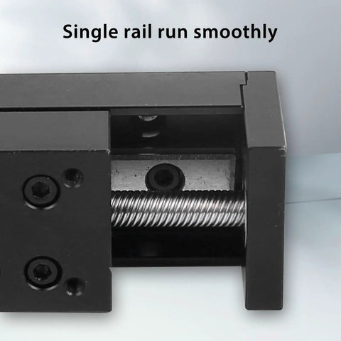 Close-up of Precision Mini Linear Rail Slide Actuator With A Solid 28Mm Stepper Motor And Sweet 100Mm Travel showing smooth single rail assembly.