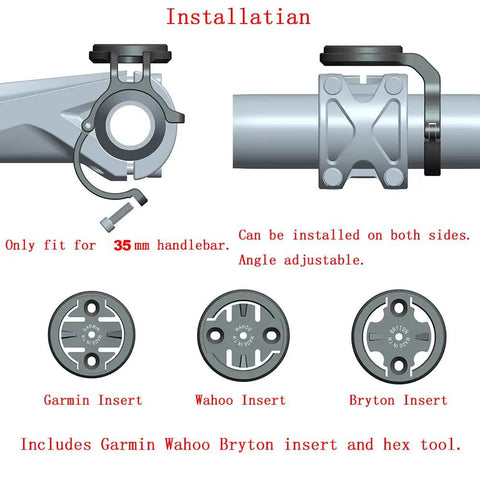 Installation of 35mm Handlebar Stem Mount For Garmin Edge Wahoo ELEMNT Bryton Rider on 35mm bars, showing inserts and hex tool.