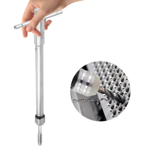 Adjustable Ratchet Tap Wrench For M5 To M12 Taps Extended T Handle Tap Holder held by hand, chrome-plated steel, tapping holes