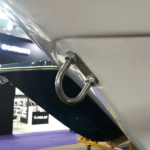 Installed stainless steel M12 U-bolt bow/stern eye on boat hull; 2 in width, 5.5 in length (2-pack)