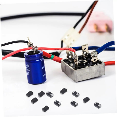 Heavy Duty US1K 1A 800V Rectifier Diodes 100 Pack on workbench with capacitor and wires for automotive repairs.