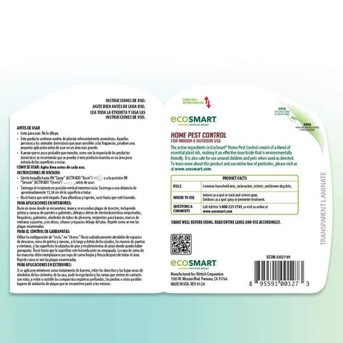 Product label for Plant Based Indoor Outdoor Pest Control For Home Use 24 Ounce Ready To Spray Bottle Non Toxic Eco Friendly Formula