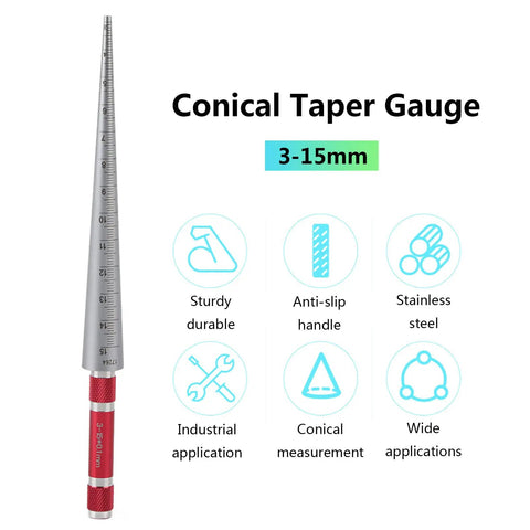 Stainless Steel Conical Bore Gauge For Precise Hole Inspection, Aperture Ruler With Taper Gauge showing 3-15mm range and features.