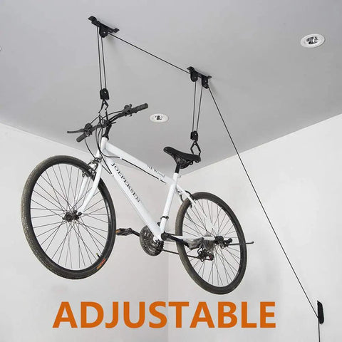Heavy Duty Ceiling Bike Mount And Pulley System For Garage Steel Bike Lift Hoist with Safe Lock, adjustable height shown in use.