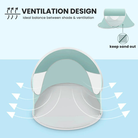 Go To Easy Pop Up Beach Shelter For 1 To 2 People With UPF Fifty Plus UV Protection Set Up In Seconds Self Pitching Roomy 78 By 47 By 35 Inches For The Crew Perfect Sun Shade For Family Beach Trips And Outdoor Hangouts shown with ventilation design feature, mint green color, focusing on airflow and sand protection