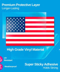 American flag vinyl sticker showing premium protective layer and weatherproof features highlighted on blue background.