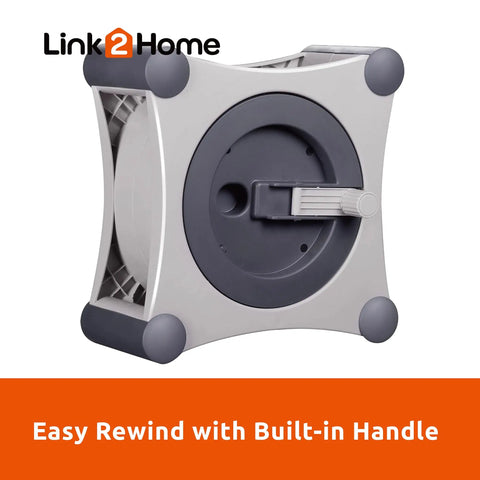 Built Tough Retractable Extension Cord Reel With Four Outlets And Circuit Breaker Protection 35 Foot Auto Rewind Design with handle.