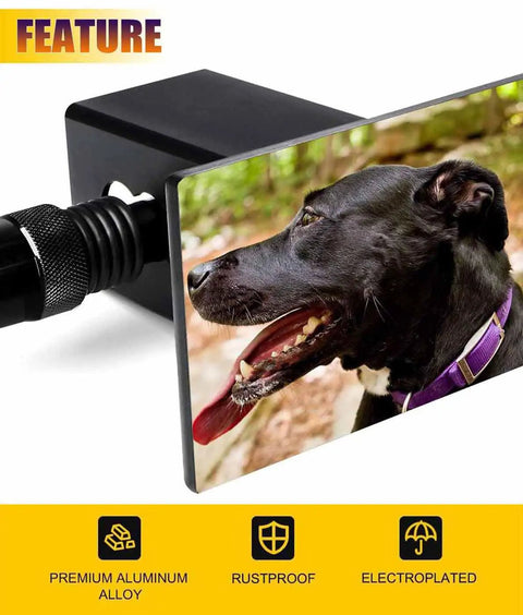 Personalized Hitch Cover For 2 Inch Receivers With Custom Photo And Text Heavy Duty Steel Trailer Plug Cover For Trucks SUVs And Pickups Make It Yours With Your Own Image Or Message featuring a dog photo.