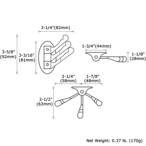 Diagram of Three Arm Brushed Gold Folding Swivel Towel Hook Space Saving Metal Towel Holder dimensions and bolt placements