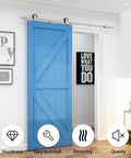 Blue interior door installed with 6 Ft Beefy Brushed Nickel Sliding Barn Door Hardware Kit With Quiet Hanger Rollers And Flat Track