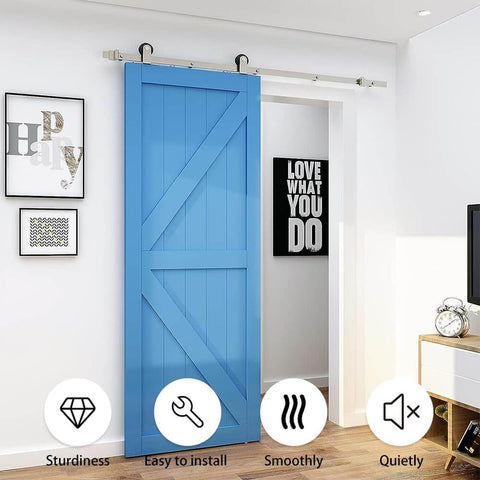 Blue interior door installed with 6 Ft Beefy Brushed Nickel Sliding Barn Door Hardware Kit With Quiet Hanger Rollers And Flat Track