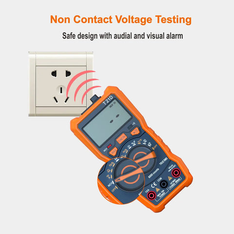 Auto Ranging Pro Grade Digital Multimeter With TRMS 6000 Counts displaying non-contact voltage testing near a power socket.