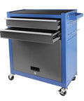 Real Deal Heavy Duty Tool Chest With Eight Spacious Drawers And Tight Locking Compartments designed for rapid detachment, blue with silver drawers.