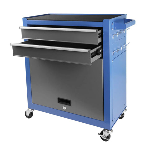 Real Deal Heavy Duty Tool Chest With Eight Spacious Drawers And Tight Locking Compartments designed for rapid detachment, blue with silver drawers.