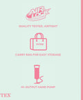 Graphic showing features of Kids Travel Air Mattress With Raised Sides And Hand Pump Portable Blow Up Bed, including airtight seal and carry bag.
