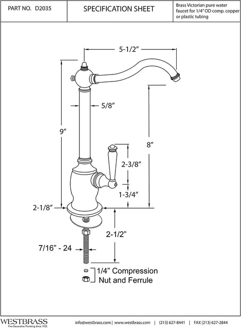 Technical diagram of Victorian Style 9 Inch Cold Water Dispenser Faucet With One Lever Handle, Polished Nickel Finish.