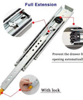 Pair Of Heavy Duty Ball Bearing Drawer Slides With Integrated Safety Lock Full Extension Metal Runners smooth glide and lock feature.