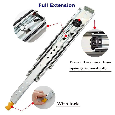 Pair Of Heavy Duty Ball Bearing Drawer Slides With Integrated Safety Lock Full Extension Metal Runners smooth glide and lock feature.