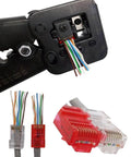 Pro Grade Ethernet Crimp Tool For Pass Through And Standard Ends in use with Cat6 connectors and replacement blades