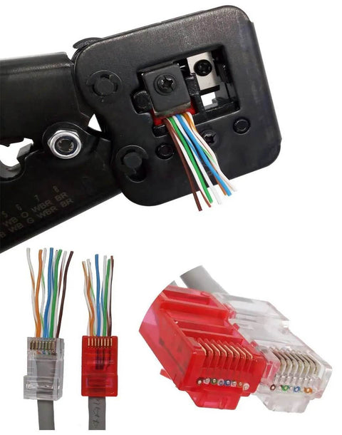 Pro Grade Ethernet Crimp Tool For Pass Through And Standard Ends in use with Cat6 connectors and replacement blades