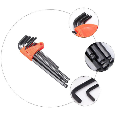Premium 9Pc Long Arm Ball End Hex Key Wrench Set With Ergonomic Grip For Heavy Duty Auto Repair, Mechanical Projects And DIY Fixes That Get The Job Done Right, black steel hex keys in orange holder
