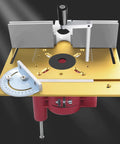 Heavy Duty Aluminum Alloy Router Table Insert Plate With Precision Lift Base And Hand Crank Dial For Dead On Woodworking Cuts Built Tough Flip Top Setup For Power Tools, detailed view with precision lift and angle gauge.