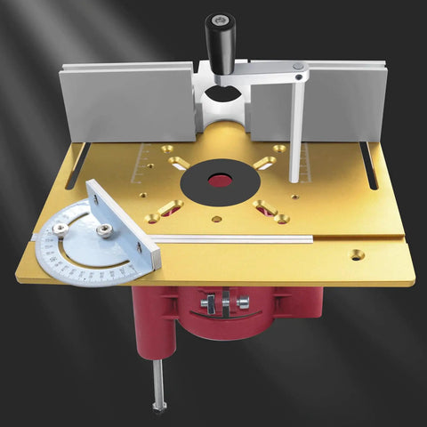 Heavy Duty Aluminum Alloy Router Table Insert Plate With Precision Lift Base And Hand Crank Dial For Dead On Woodworking Cuts Built Tough Flip Top Setup For Power Tools, detailed view with precision lift and angle gauge.