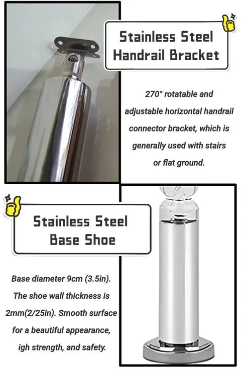 Stainless Steel Handrail Bracket and Base Shoe for stairs, adjustable 270° mount, enhancing safety and style.