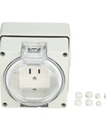 Heavy Duty Outdoor Electrical Outlet With Clear IP66 Rated Cover Built To Dodge Downpours Like A Champ While Delivering Reliable Power To Your Deck Patio Or Yard Setup Without Any Headaches, showing front view with clear cover.