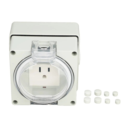 Tough As Nails Ip66 Waterproof Outdoor Electrical Outlet 3 Prong Wall Socket with clear protective cover and mounting screws.