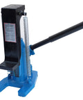 Tough As Nails Hydraulic Toe Jack Lift With 30 Ton Top And 15 Ton Bottom Heft, blue steel build, designed for lifting heavy farm rigs.