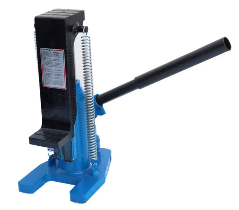 Tough As Nails Hydraulic Toe Jack Lift With 30 Ton Top And 15 Ton Bottom Heft, blue steel build, designed for lifting heavy farm rigs.