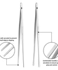 12 Inch Stainless Steel Kitchen Tongs And Tweezers 2 Piece Set With Pro Grade Precision Serrated Tips, close-up view of tweezers