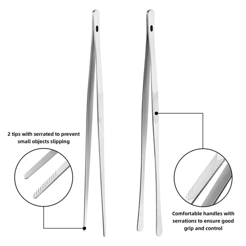 12 Inch Stainless Steel Kitchen Tongs And Tweezers 2 Piece Set With Pro Grade Precision Serrated Tips, close-up view of tweezers