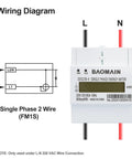 Wiring diagram and front view of Single Phase KWh Meter For 220V Systems 20A To 100A DIN Rail Power Meter With LCD Display