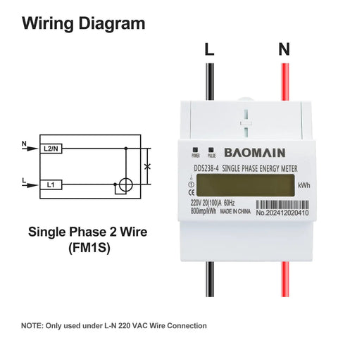 Wiring diagram and front view of Single Phase KWh Meter For 220V Systems 20A To 100A DIN Rail Power Meter With LCD Display