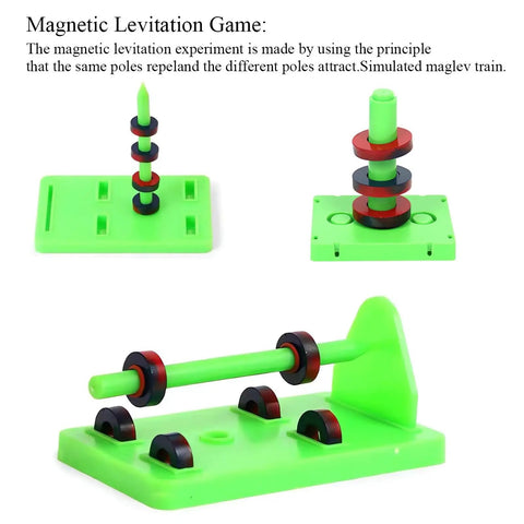 Hands-on Magnetism & Electricity STEM Kit, magnetic levitation experiment featuring green platform and magnetic rings.