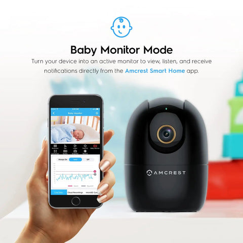 Baby monitor mode on smartphone and 4MP WiFi Indoor Camera With Pan Tilt Zoom, Pet And Baby Monitor, Human And Pet Detection.