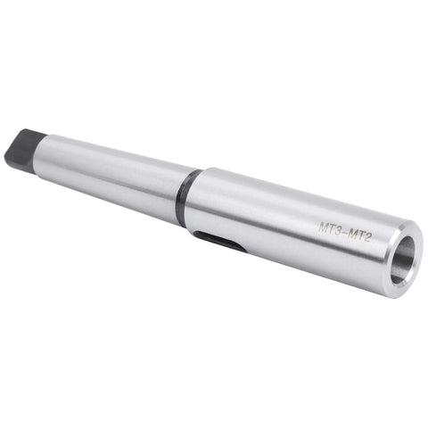 Side view of silver steel Morse taper MT3–MT2 drill sleeve lengthening reducing adapter