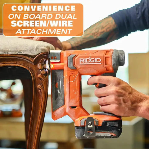 18V Cordless Crown Stapler With Three Eighth Inch Heavy Duty Fasteners And Two Point Oh Amp Hour Battery Charger Kit featuring dual screen attachment.