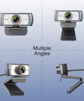Sweet 120 Degree Wide Angle Webcam Loaded With Punchy Noise Canceling Mic For Zero Glitch Boardroom Meetings And Totally Hassle Free Telecommuting Video Calls On Any Desktop shown from multiple angles.