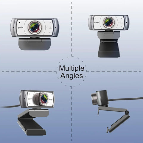 Sweet 120 Degree Wide Angle Webcam Loaded With Punchy Noise Canceling Mic For Zero Glitch Boardroom Meetings And Totally Hassle Free Telecommuting Video Calls On Any Desktop shown from multiple angles.
