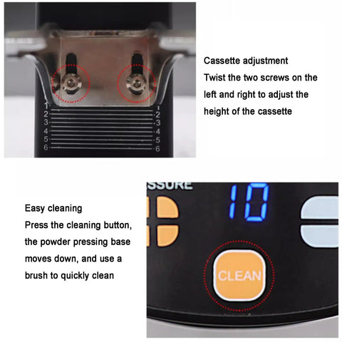Cassette adjustment and cleaning button on Auto Filling Electric Coffee Tamper 58 Mm Espresso Press Tool with pressure display.