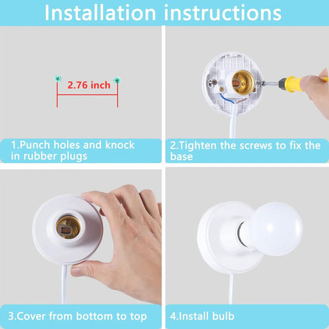 Plug In Lamp Holder With On Off Switch, E26 E27 Socket, 9.8 Feet 3m Extension Cord, All Copper Inner Ring, Dust Cover, Heat Resistant, Corrosion Resistant, White Lamp Socket, Easy Install, Durable And Safe