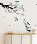 Watercolor Blue Flower Wall Decals With Birds And Tree Branches For Living Room And TV Backdrop Dope Easy Peel And Stick Removable Waterproof Wall Sticker Decor For Modern Home displayed above a white cabinet.