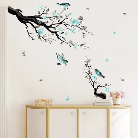 Watercolor Blue Flower Wall Decals With Birds And Tree Branches For Living Room And TV Backdrop Dope Easy Peel And Stick Removable Waterproof Wall Sticker Decor For Modern Home displayed above a white cabinet.