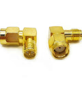 Two Pack 90 Degree RP-SMA Female To RP-SMA Male Right Angle Coax Cable Adapter in brass and nickel finish