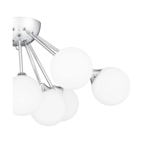Close-up of Nine Light Polished Chrome Semi Flush Mount Ceiling Light With Opal Glass Orbs Sleek Modern Mid Century Vibe Damp Location