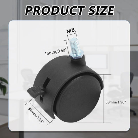 2-inch black plastic stem caster wheels set of 4 with M8 threaded swivel, 2 with brake, 2 without brake