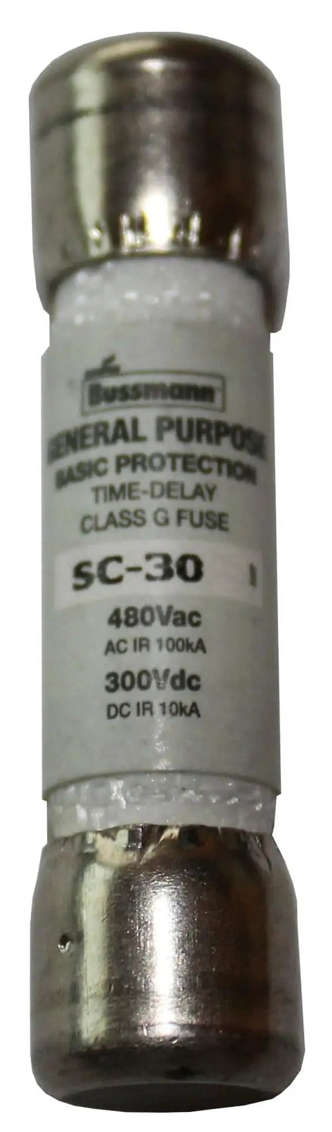 30 Amp Class G Time Delay Fuse For 480V Systems, cylindrical SC-30, shown upright with 1.62 x 0.41 inch size, general purpose